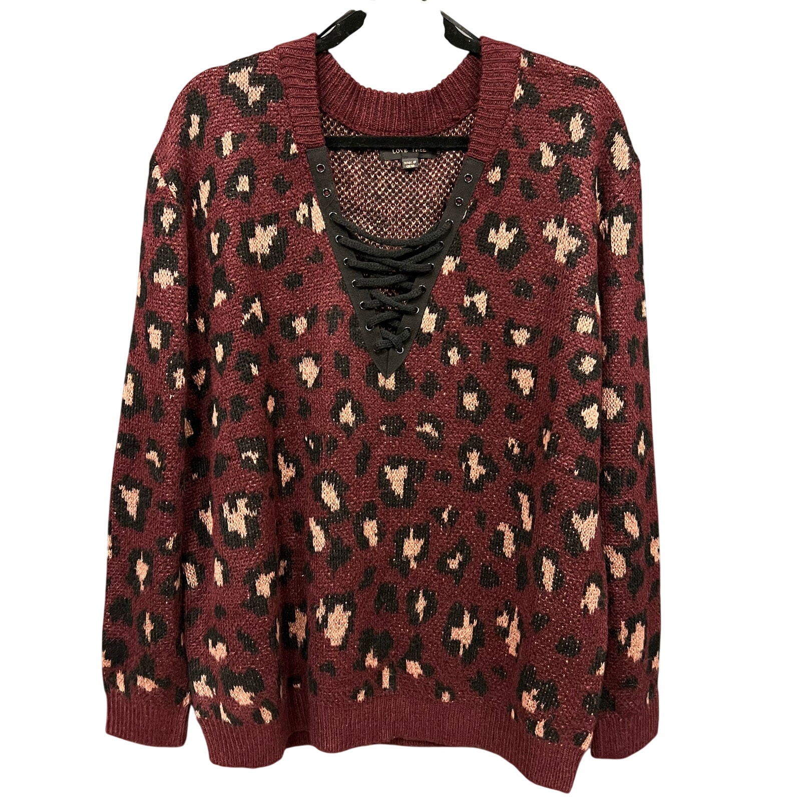 Love Tree Boutique Maroon Leopard Print Lace Up Neck Sweater Plus Size 2x/3x